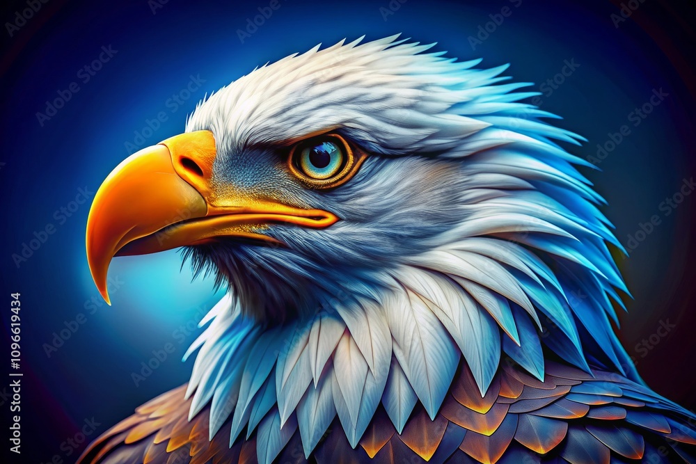 Obraz premium Captivating Macro Photography of a Majestic Bald Eagle Head Against a Stunning Blue Background Showcasing Intricate Feather Details and Vivid Colors