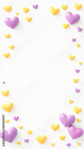 Sweetheart border of yellow and purple hearts, love symbols, cardstock, creative