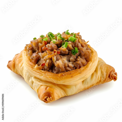 Delicious Baked Pastry Filled with Savory Ground Meat isolated on white background photo