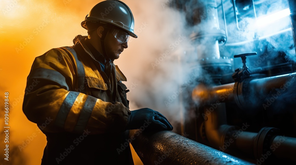 Oil worker in protective gear inspecting equipment Oil worker in protective gear inspecting equipment