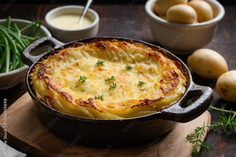 A French gratin dauphinois featuring velvety, creamy potatoes topped with a golden, perfectly crisped cheese crust. A French gratin dauphinois featuring velvety, creamy potatoes topped with a golden, perfectly crisped cheese crust.