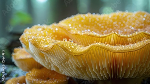 Close-up of a bright yellow mushroom with water droplets on its cap, with a blurred background of greenery. photo