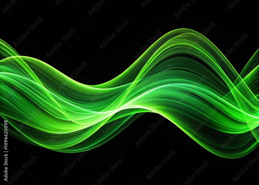 Fototapeta premium Captivating Double Exposure Photography of Green Wavy Lines on Black Background: A Visual Symphony of Light and Movement in Modern Art