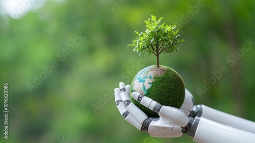 Robot hand nurturing a growing tree, AI for sustainability in the future