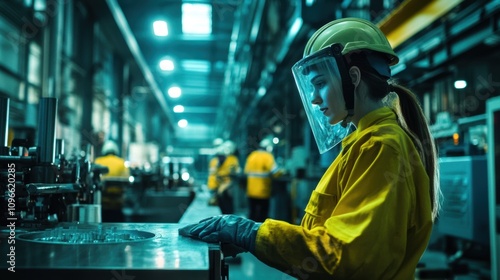 Female Worker in Safety Gear Focused on Machinery in Factory Setting