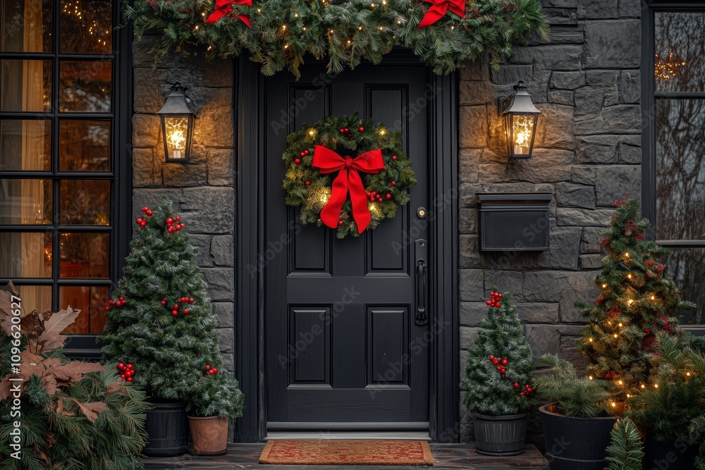 Christmas decorations on the front door of a house with a black wooden closed entrance framed by lush greenery and Christmas trees, red bow, and a lantern light on a cozy home decorated for a New Year Christmas decorations on the front door of a house with a black wooden closed entrance framed by lush greenery and Christmas trees, red bow, and a lantern light on a cozy home decorated for a New Year