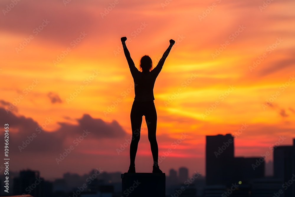 Silhouette of a victorious woman standing on a rooftop at sunset, raising her fist in triumph Silhouette of a victorious woman standing on a rooftop at sunset, raising her fist in triumph