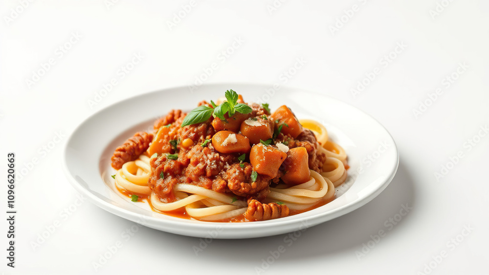 Vegan banana blossom bolognese on a white plate, comfort food, restaurant, Italian, cuisine Vegan banana blossom bolognese on a white plate, comfort food, restaurant, Italian, cuisine