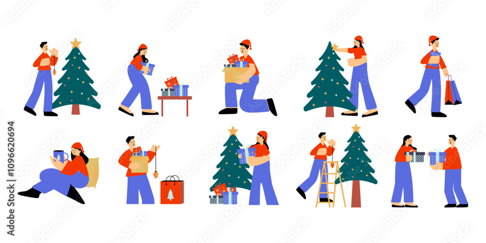Fototapeta premium Christmas activities flat illustration set. Includes of gift wrapping, tree decorating, and snowball play. Vector illustration isolated transparent background