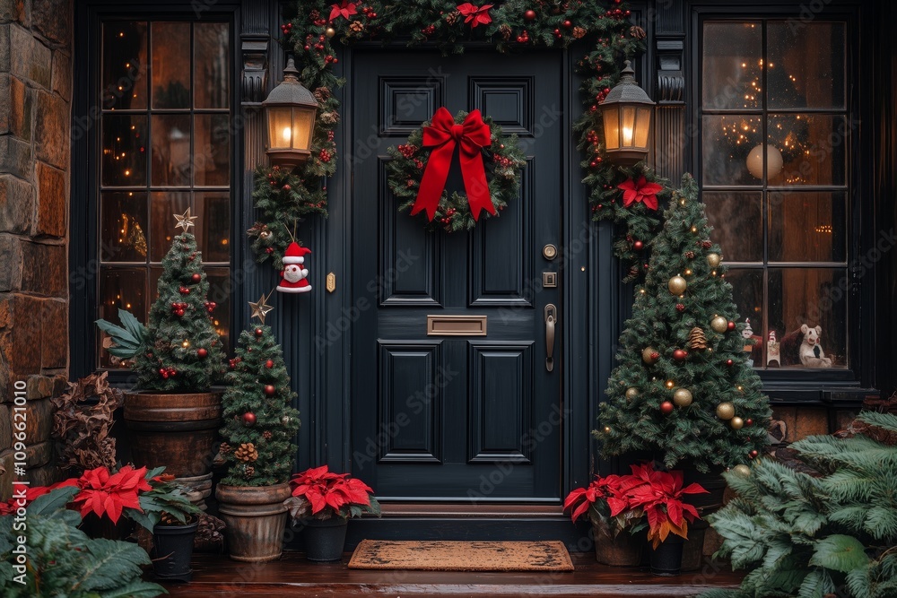 Christmas decorations on the front door of a house with a black wooden closed entrance framed by lush greenery and Christmas trees, red bow, and a lantern light on a cozy home decorated for a New Year Christmas decorations on the front door of a house with a black wooden closed entrance framed by lush greenery and Christmas trees, red bow, and a lantern light on a cozy home decorated for a New Year