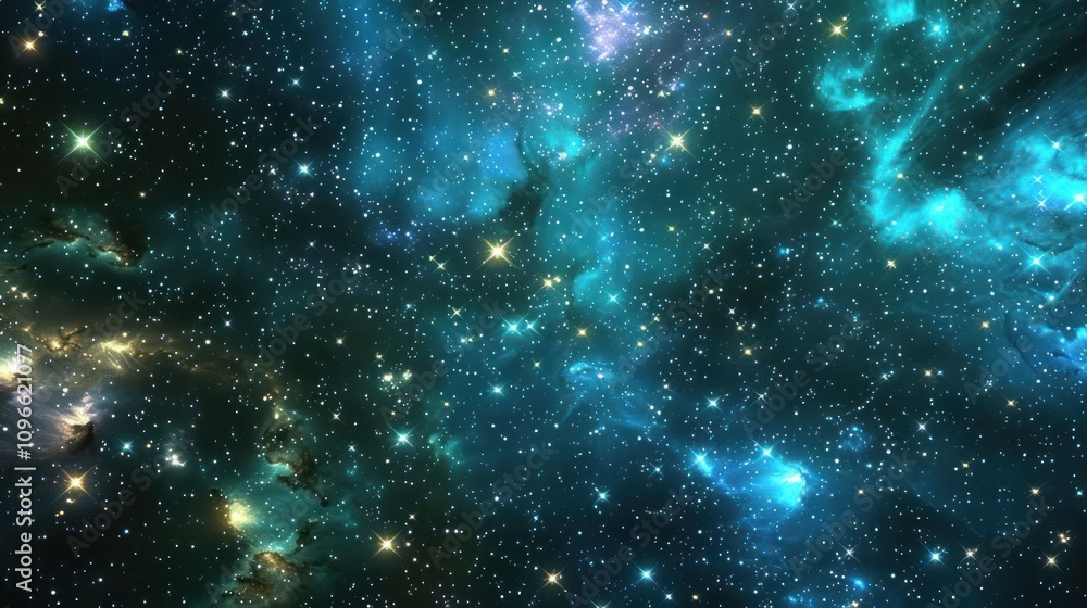 Fototapeta premium A vast expanse of space filled with twinkling stars and swirling nebulae in shades of blue and green.