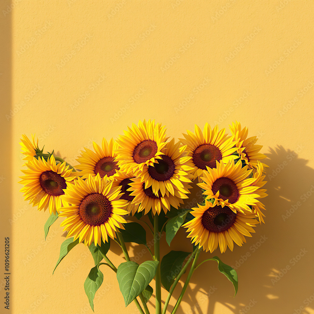Fototapeta premium Vibrant yellow flowers casting shadows on neutral beige wall, decoration, nature