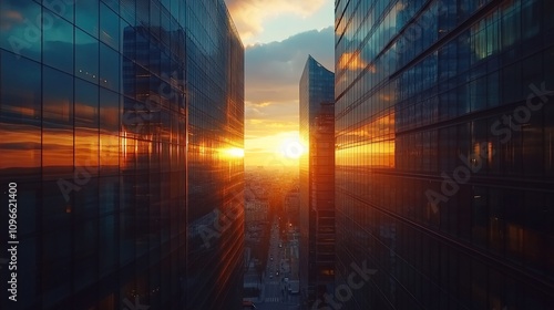 Sunset between modern skyscrapers.