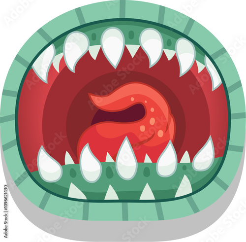 Scary green monster with sharp teeth and a menacing tongue roars in a threatening manner, perfect for halloween or fantasy designs