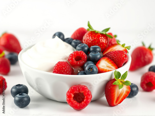 Wholesome breakfast bowl with a dollop of Greek yogurt and an assortment of fresh berries, vitamins and minerals, Greek yogurt, fiber