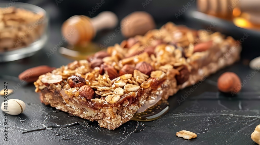A close-up of a granola bar with nuts and honey, on a black background. A close-up of a granola bar with nuts and honey, on a black background.