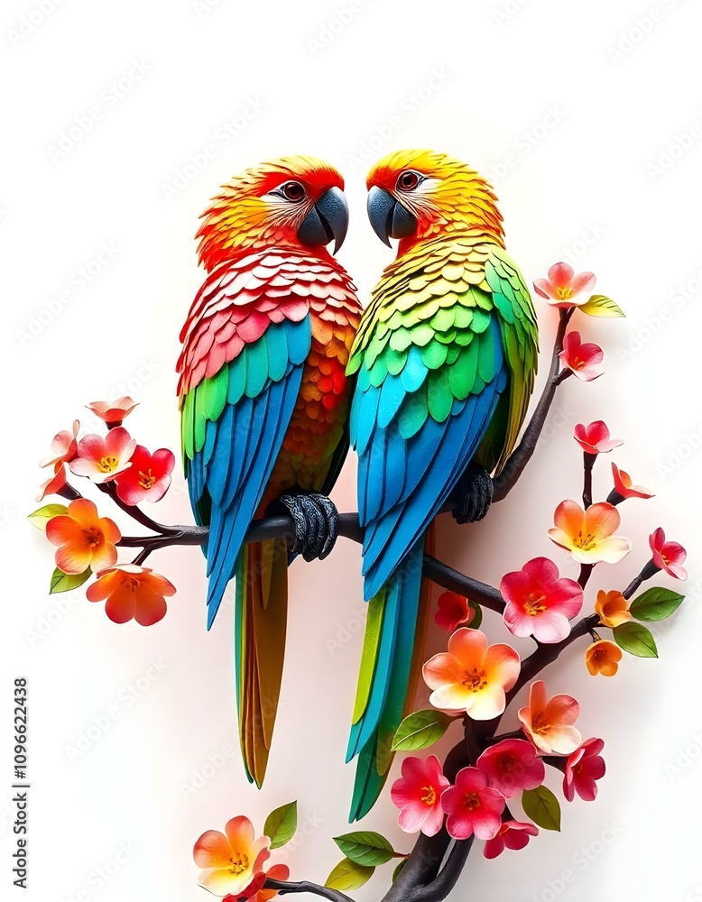 Colorful kirigami Art bird and the tree branch adorned with vibrant blooming flowers 3D art Colorful kirigami Art bird and the tree branch adorned with vibrant blooming flowers 3D art