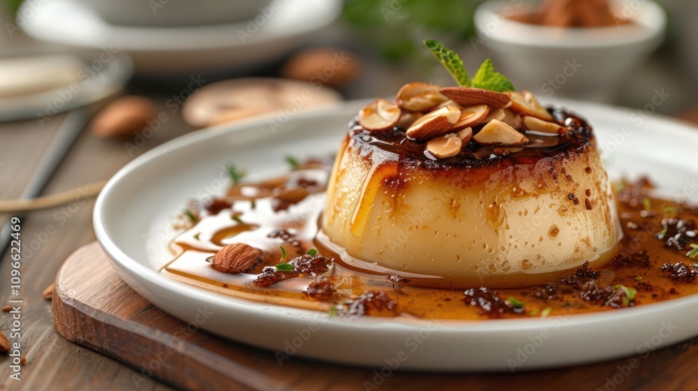 A close-up of a delicious flan dessert with caramel sauce, almonds and a sprig of mint, plated on a white plate. A close-up of a delicious flan dessert with caramel sauce, almonds and a sprig of mint, plated on a white plate.