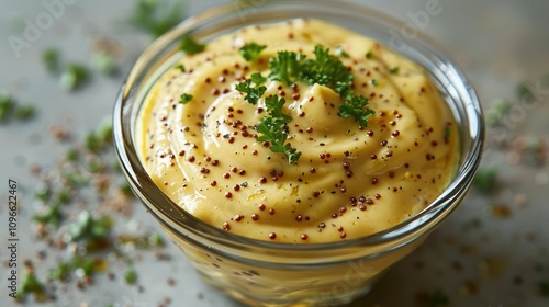 Creamy yellow sauce with parsley and red peppercorns in a glass bowl. photo