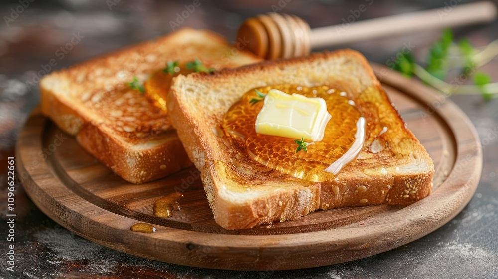 Two slices of toasted bread with butter and honey on a wooden cutting board. Two slices of toasted bread with butter and honey on a wooden cutting board.