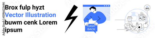 Cashback element held by a person in blue, lightning bolt in black, BIO setup with food and eco icons. Ideal for financial promotions, energy campaigns, biosustainability, eco-friendly products
