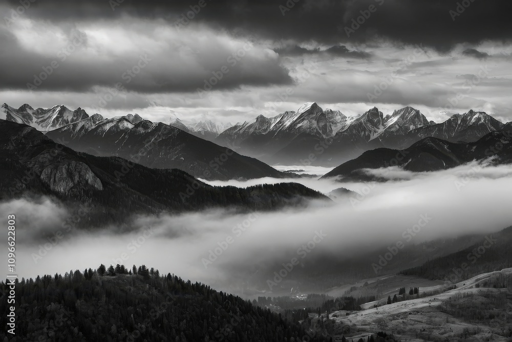 Obraz premium Awe-Inspiring Black and White Mountain Valley, Misty Peaks, and Dramatic Scenery