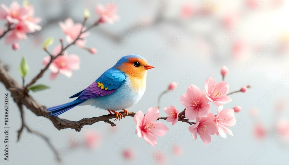 Colorful kirigami Art bird and the tree branch adorned with vibrant blooming flowers 3D art Colorful kirigami Art bird and the tree branch adorned with vibrant blooming flowers 3D art