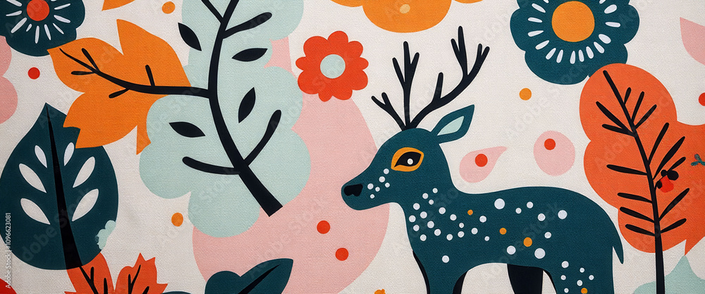 A rug with two deer on it and a rabbit. The deer are in the middle of the rug and the rabbit is on the right A rug with two deer on it and a rabbit. The deer are in the middle of the rug and the rabbit is on the right