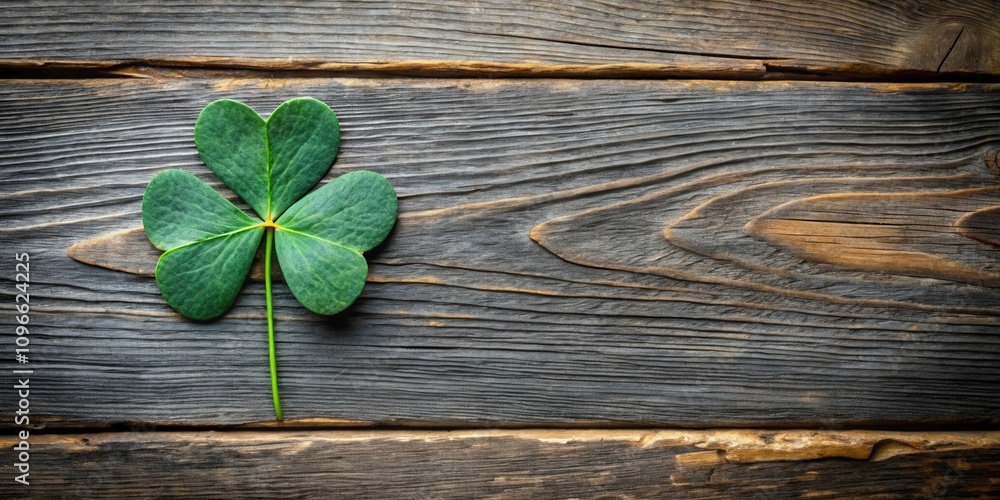 A single shamrock leaf resting on a weathered wooden surface, a symbol of luck and prosperity.