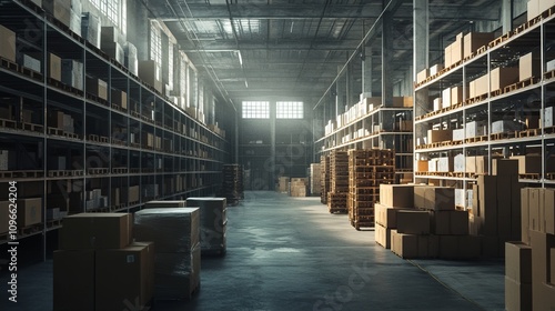 Large industrial warehouse with high racks. In the foreground are a lot of cardboard boxes