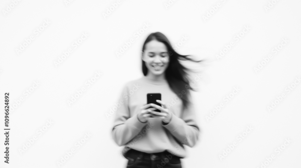 Blurred frame of a girl with a gadget in her hands. White background conveys communication joy and an energetic style