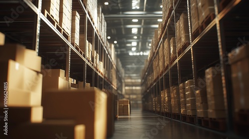 Large industrial warehouse with high racks. In the foreground are a lot of cardboard boxes