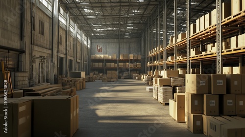 Large industrial warehouse with high racks. In the foreground are a lot of cardboard boxes