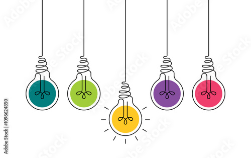Hanging light bulbs with one glowing on white background. Continuous line drawing light bulb. Concept of idea