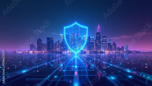 Futuristic city skyline enveloped by a digital shield, symbolizing cybersecurity in smart cities at night #1096625026