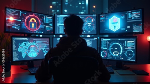 Cybercriminal silhouette in a dark room surrounded by multiple screens displaying security systems