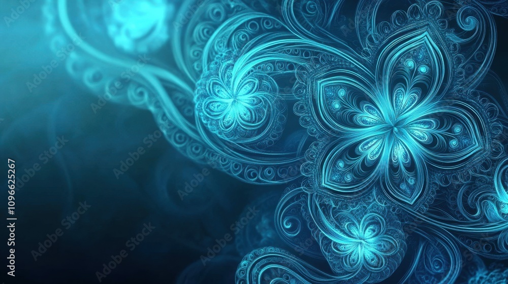 Intricate blue background with delicate floral patterns and luminous textures, perfect for elegant visuals.