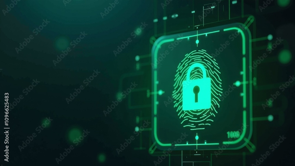 Obraz premium Biometric Fingerprint Screen Displaying Padlock Icon for Enhanced Digital Security with Soft Green Glow