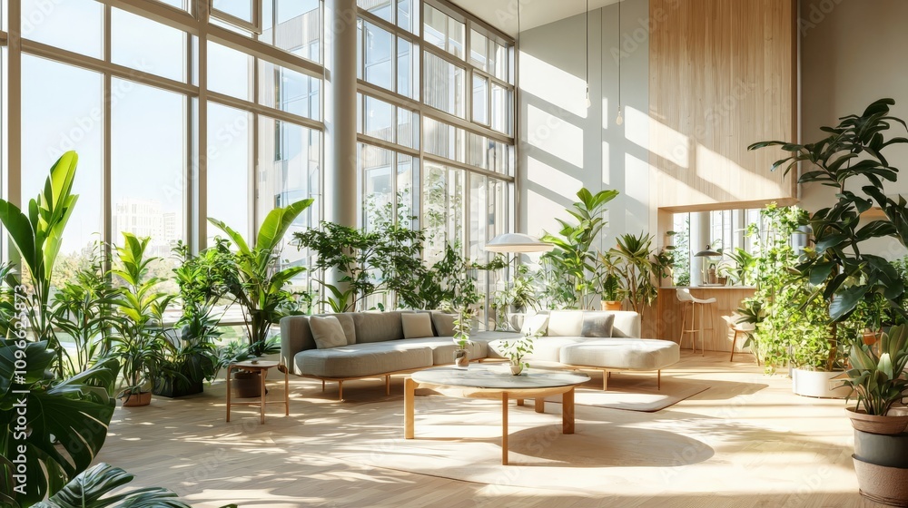 Bright sustainable interior with large windows and indoor plants Bright sustainable interior with large windows and indoor plants