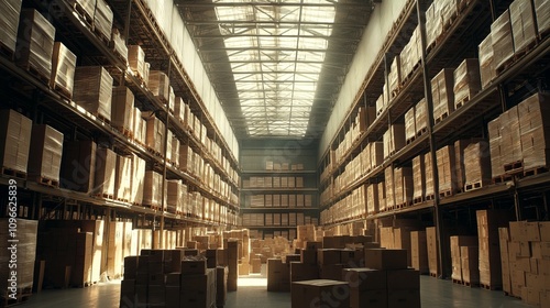 Large industrial warehouse with high racks. In the foreground are a lot of cardboard boxes