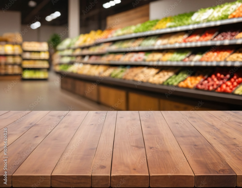 Empty wood table top with supermarket blurred background for product display Empty wood table top with supermarket blurred background for product display