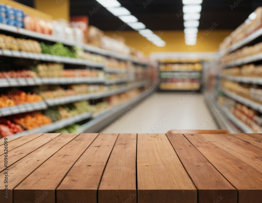 Empty wood table top with supermarket blurred background for product display Empty wood table top with supermarket blurred background for product display