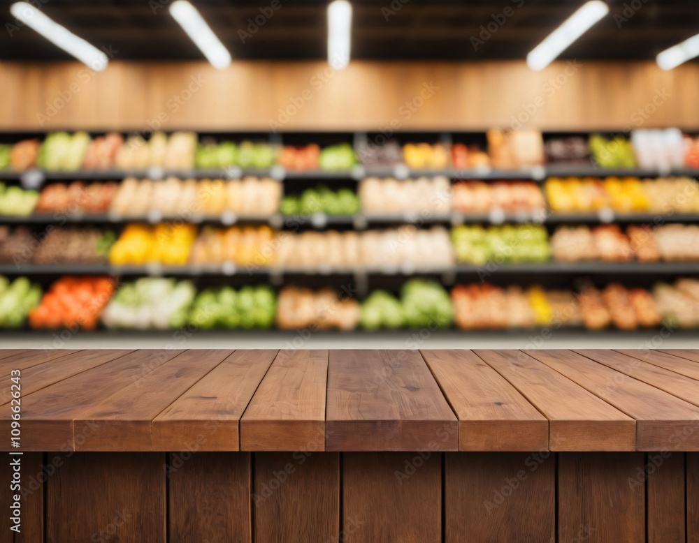 Empty wood table top with supermarket blurred background for product display Empty wood table top with supermarket blurred background for product display