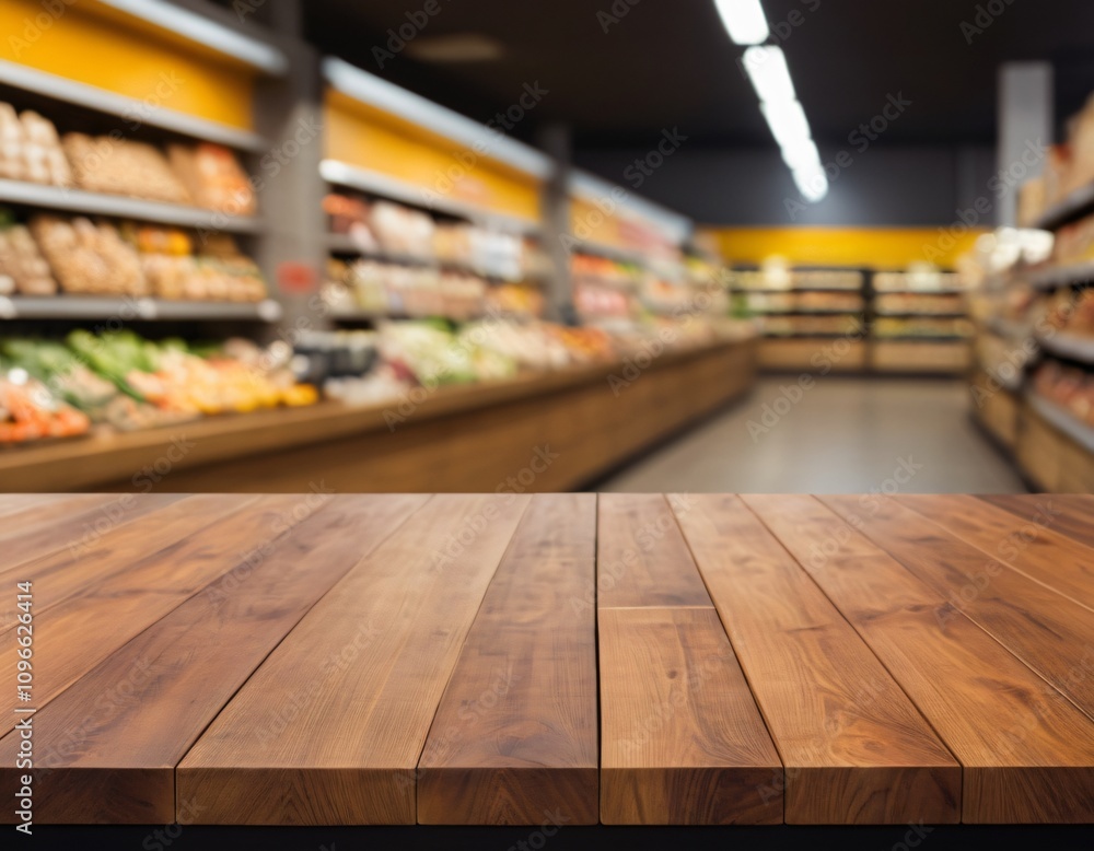 Empty wood table top with supermarket blurred background for product display Empty wood table top with supermarket blurred background for product display