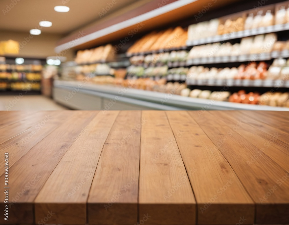 Empty wood table top with supermarket blurred background for product display Empty wood table top with supermarket blurred background for product display