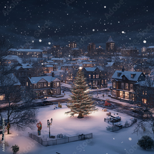 night in the city with snow