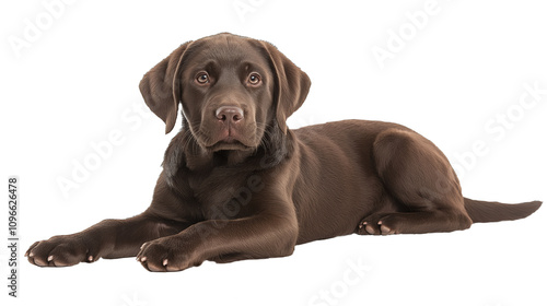 Chocolate labrador retriever puppy lying down on transparent background