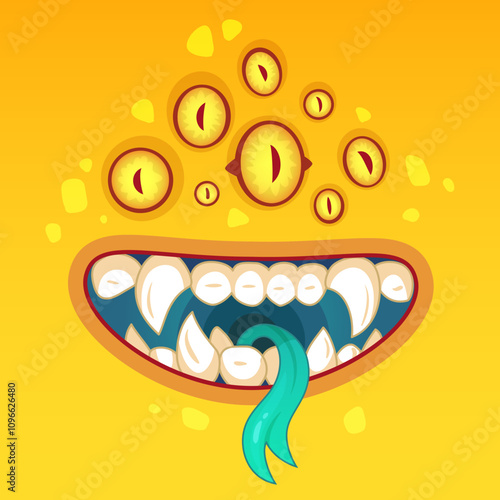 Colorful cartoon of a funny monster face with many eyes, big teeth, and a turquoise tongue, perfect for halloween or fantasy designs