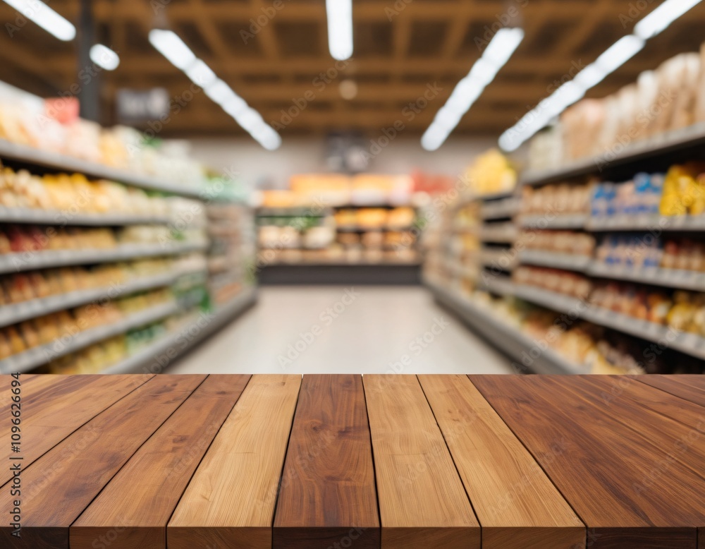 Empty wood table top with supermarket blurred background for product display Empty wood table top with supermarket blurred background for product display