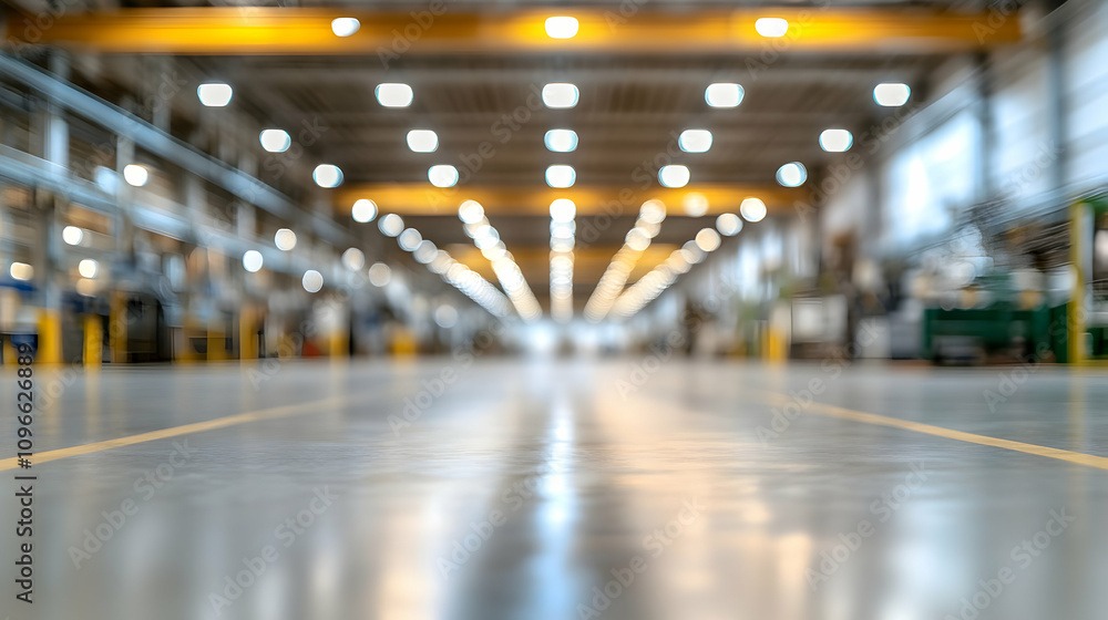 Abstract Blurred Factory Interior with Polished Floor and Yellow Lines Abstract Blurred Factory Interior with Polished Floor and Yellow Lines